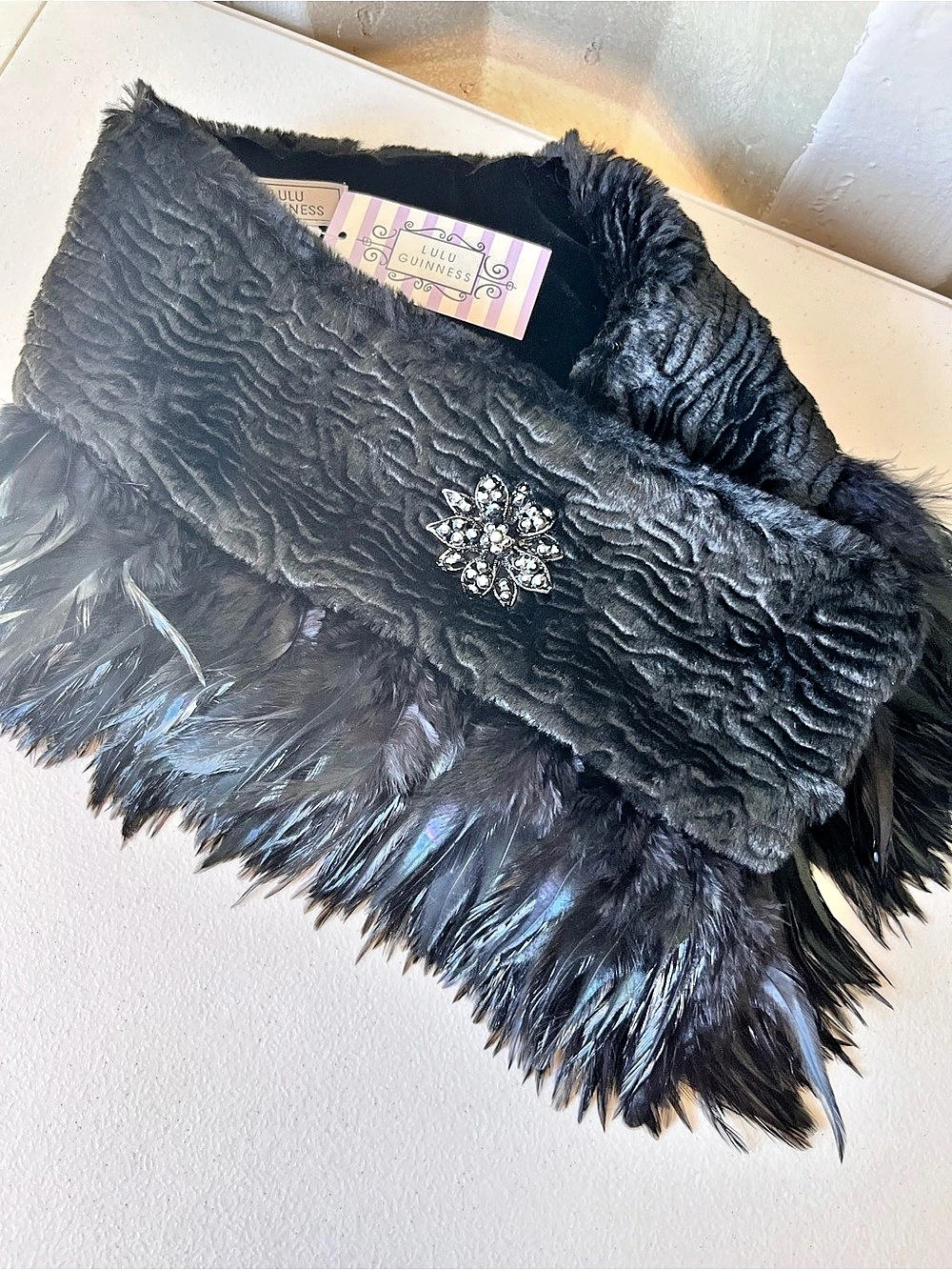 LULU GUINNESS Feather Trim Wrap in Black NWT